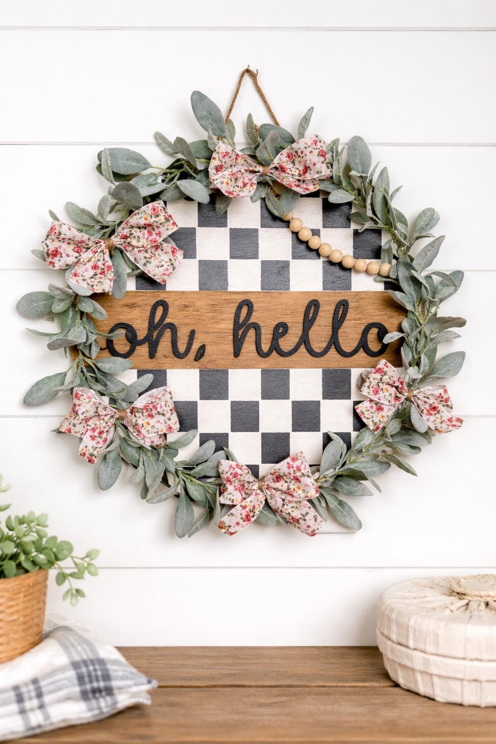 20 in Black Checkered "Oh, Hello" Door hanger