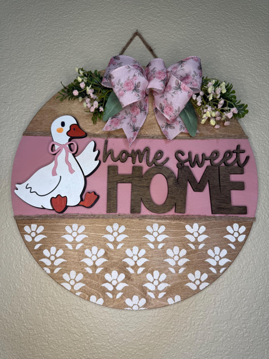 Rustic Duck "Home Sweet Home" Door Hanger, Farmhouse Floral Sign, Spring Decor