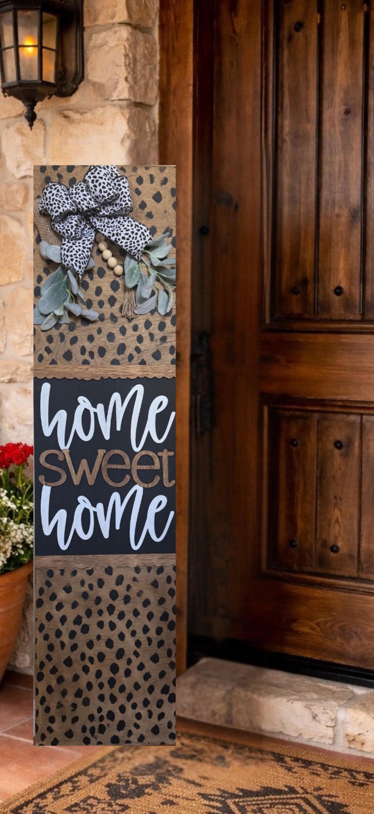 Cheetah Print Rustic Home Sweet Home front porch leaner, farmhouse decor. Housewarming gift.