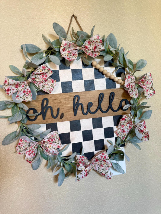 20 in Black Checkered "Oh, Hello" Door hanger