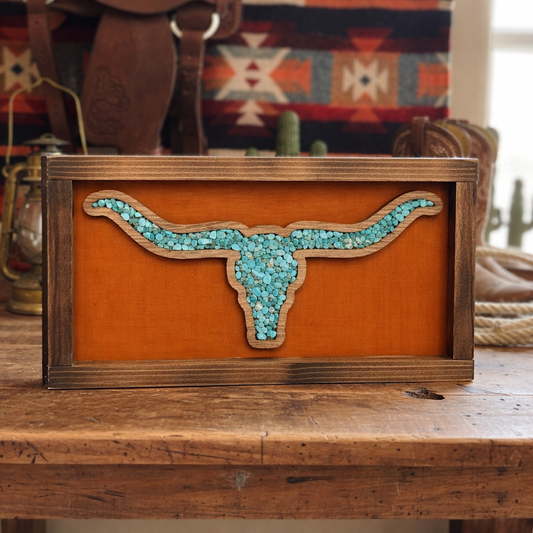 Longhorn Turquoise Wood Sign