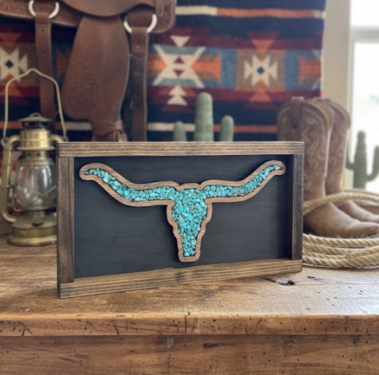 Longhorn Turquoise Wood Sign With Black Background
