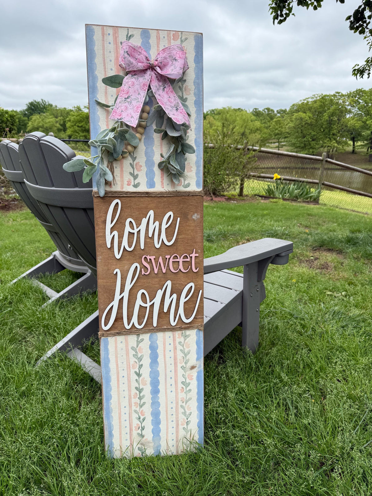 Spring Rustic Home Sweet Home front porch leaner, farmhouse decor. Housewarming gift.