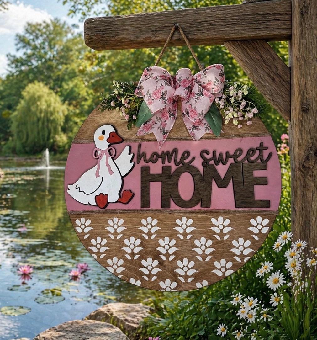 Rustic Duck "Home Sweet Home" Door Hanger, Farmhouse Floral Sign, Spring Decor